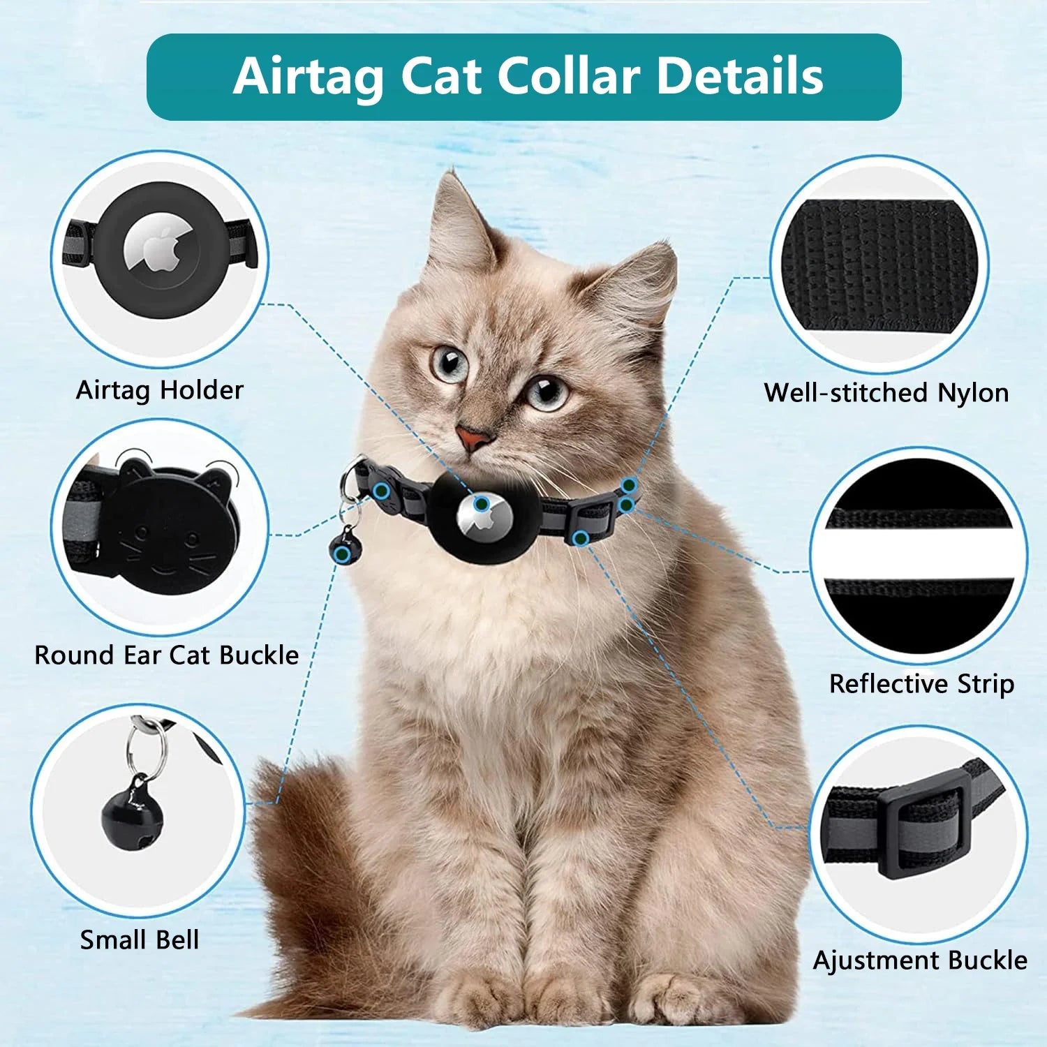 2 Pack Breakaway Airtag Cat Collar, Reflective Kitten Strap with Air Tag Case and Bell for Cat Kitten and Extra Small Dog, Black