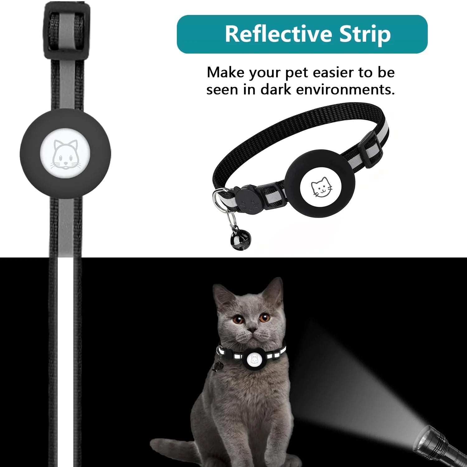 2 Pack Breakaway Airtag Cat Collar, Reflective Kitten Strap with Air Tag Case and Bell for Cat Kitten and Extra Small Dog, Black